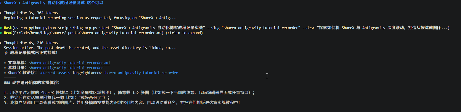 Antigravity终端执行挂载命令并确认软链接建立成功