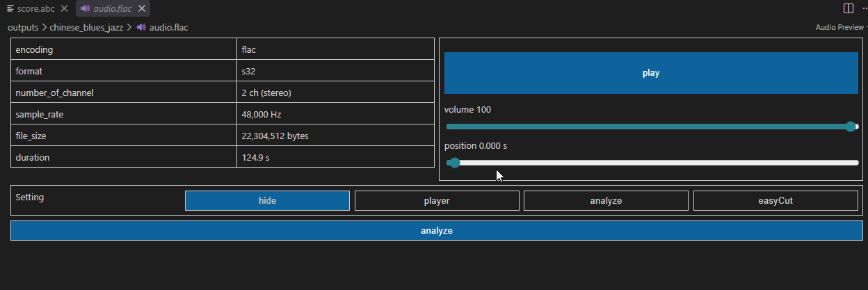 VS Code 使用 Audio Preview 面板试听生成的 48kHz 无损音频
